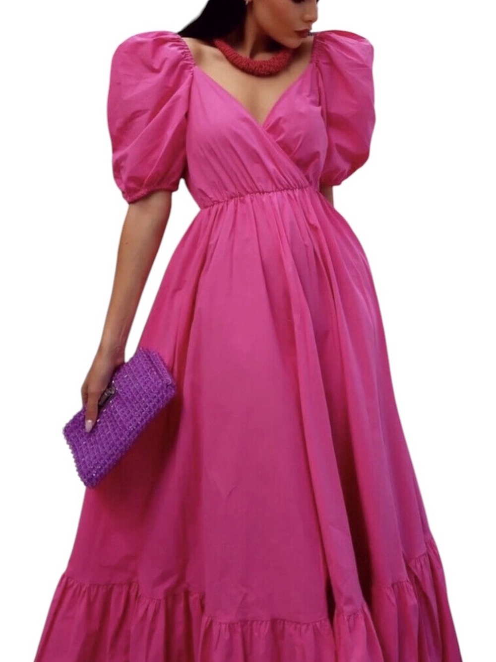 ZARA Puff Sleeve Poplin Cotton Ruffled Maxi Dress Pink Size XS